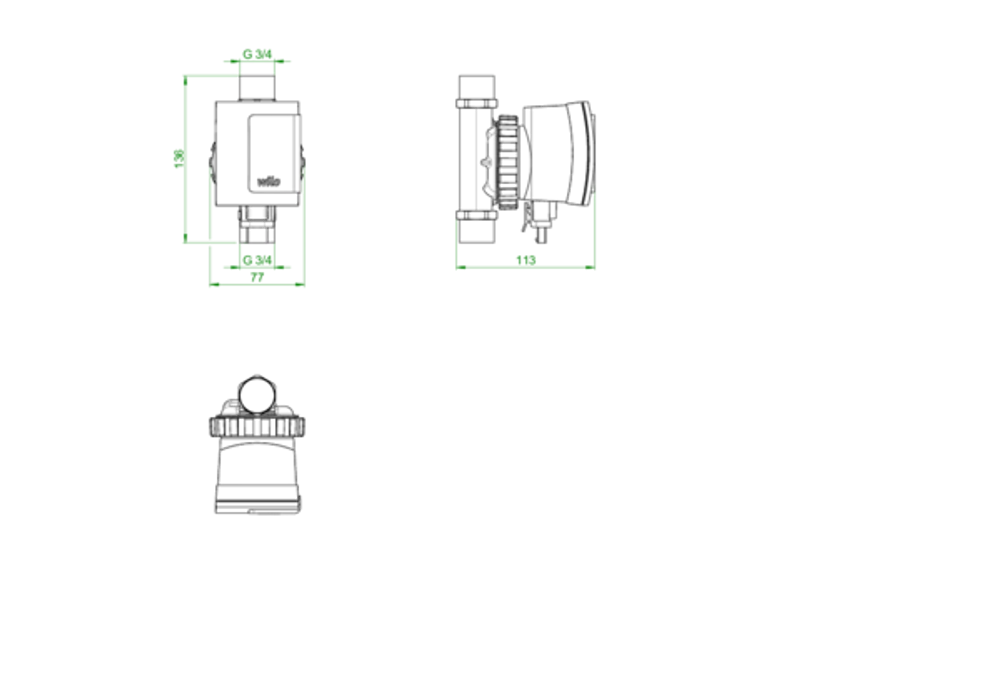 Oventrop Hocheffizienzpumpe mit zylindrischem Gehäuse und Anschlussleitungen, gezeigt in verschiedenen Ansichten für Installation und Verwendung in Heizsystemen.
